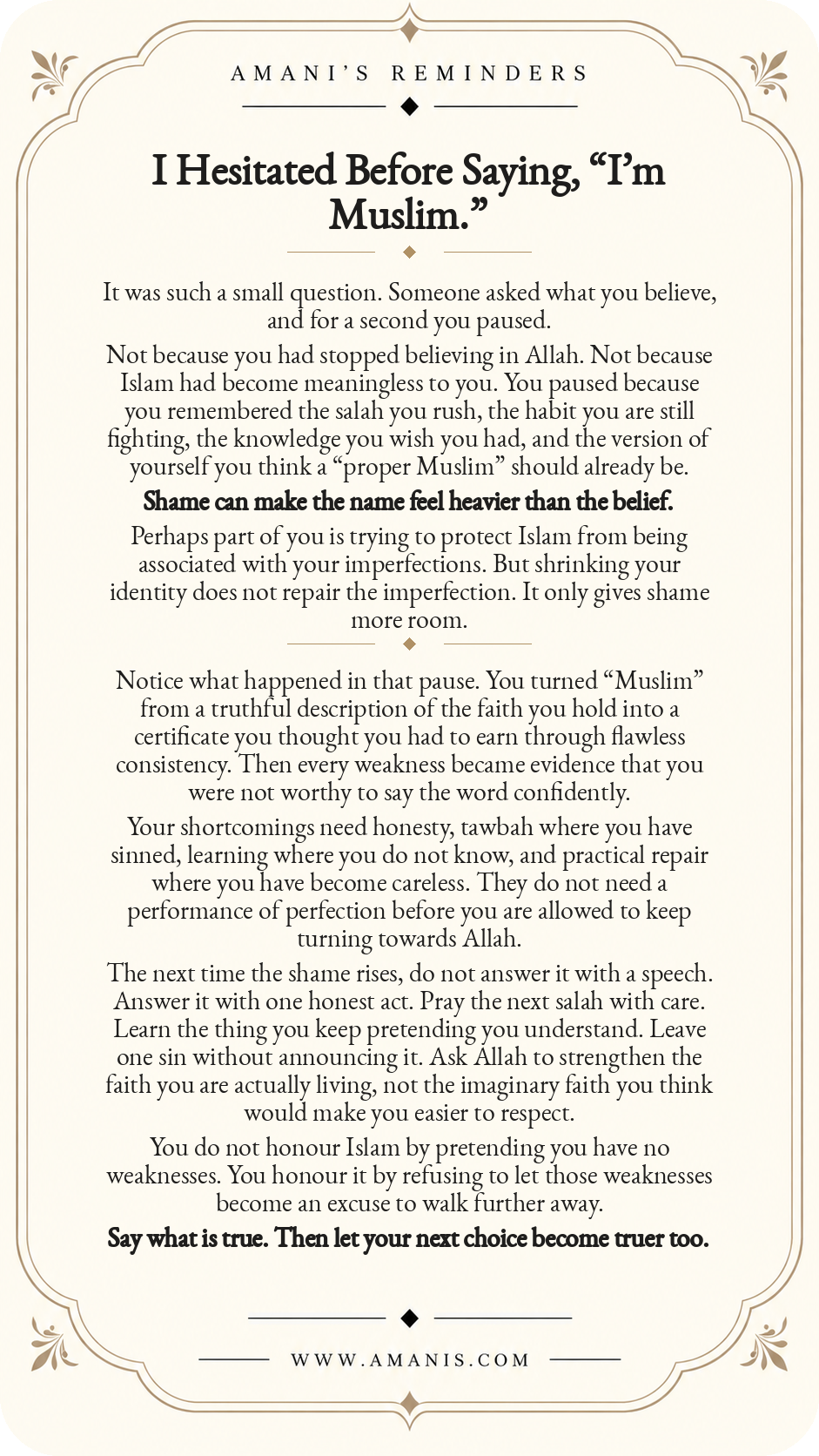 Amani’s Reminders artwork titled “I Hesitated Before Saying, ‘I’m Muslim.’” about shame, imperfection and returning to Allah through honest obedience.