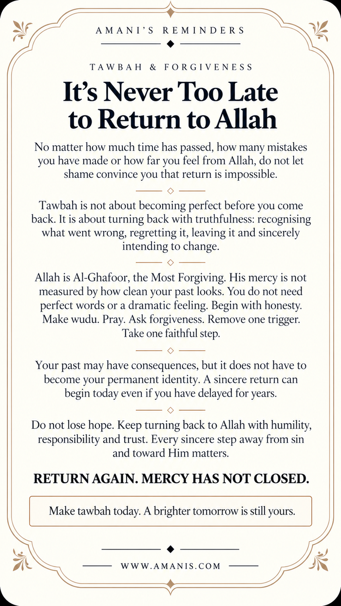 Amani’s Reminders artwork about tawbah, Allah’s mercy and returning to Him after mistakes.