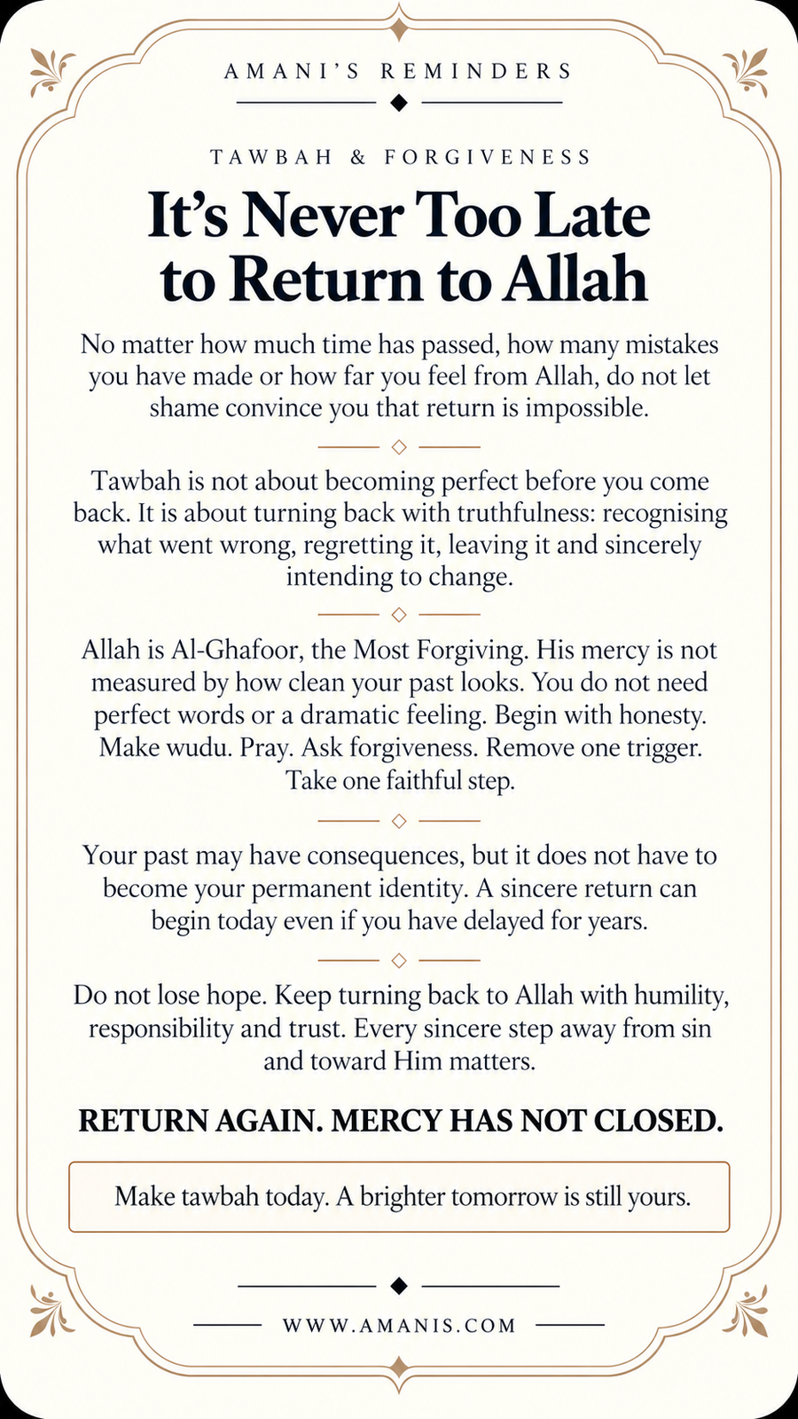 Amani’s Reminders artwork about tawbah, Allah’s mercy and returning to Him after mistakes.