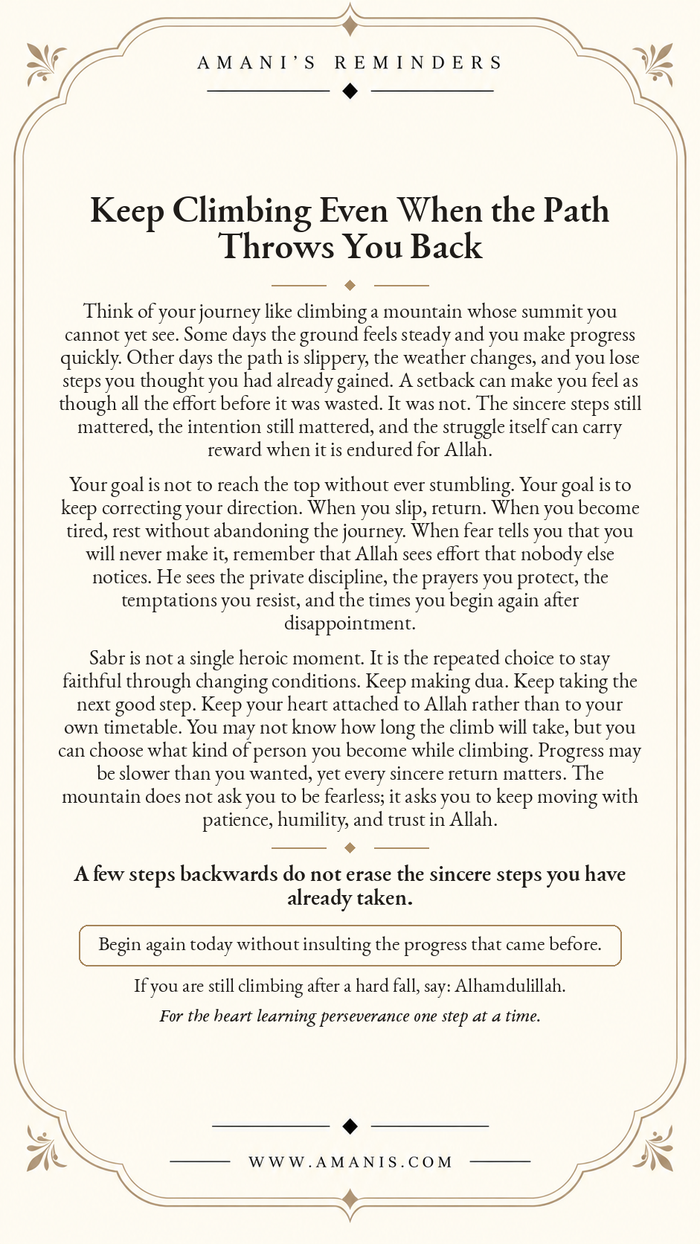 Amani’s Reminders artwork about perseverance after setbacks, keeping sabr and continuing the journey towards Allah.