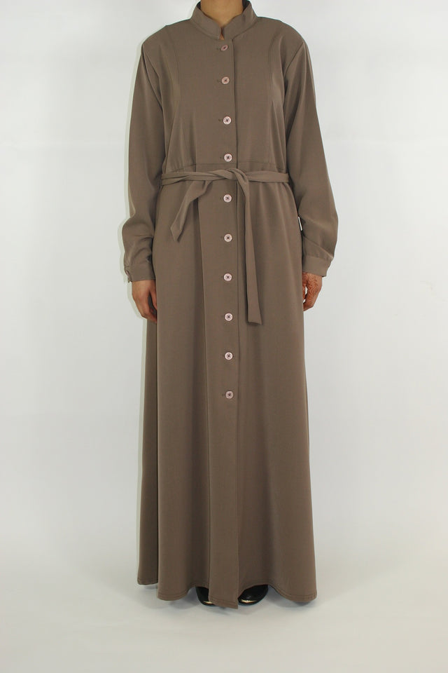 Dark beige long sleeve maxi jacket with belt, front view