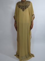 Caramel Moroccan occasion kaftan with gold beadwork, front view