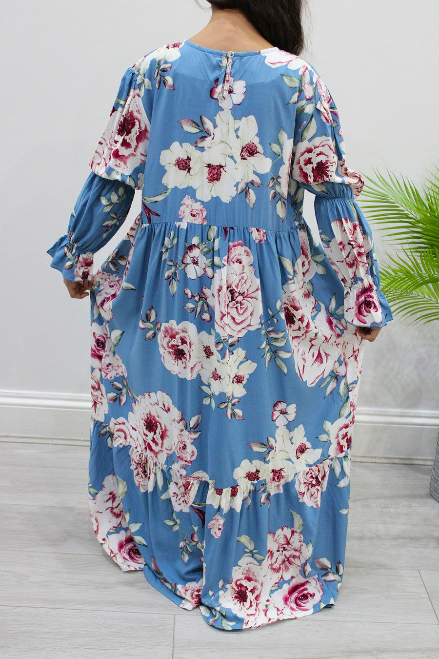 Puff sleeve and floral detail on powder blue girls' dress