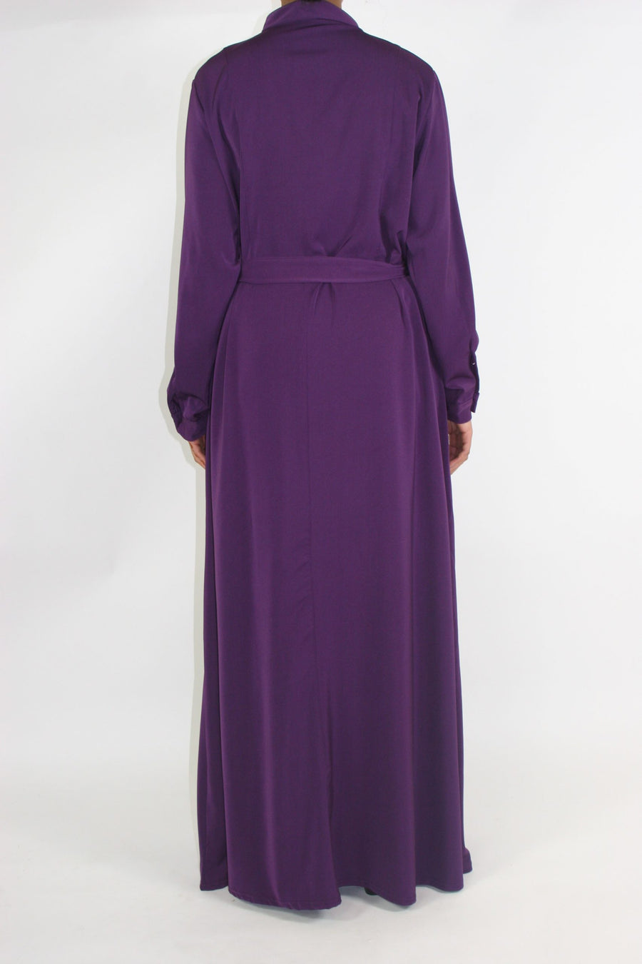 Purple maxi jacket showing collared neck and button front
