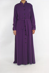 Purple long sleeve maxi jacket with belt, front view