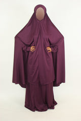 Purple two-piece jersey overhead jilbab, full-length front view