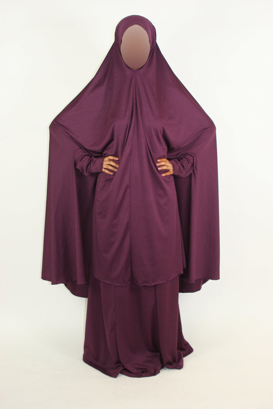 Purple two-piece jersey overhead jilbab, full-length front view