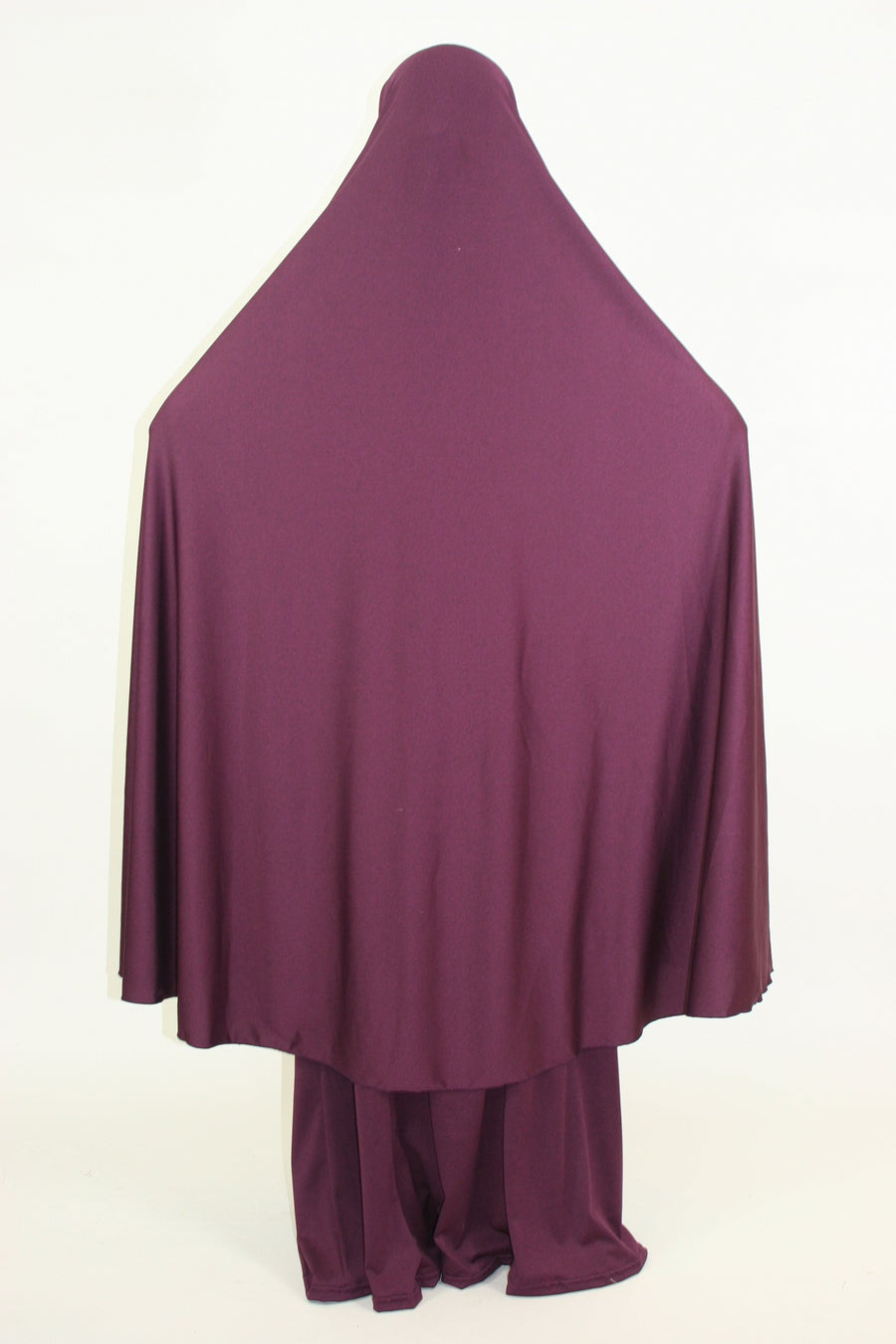 Purple jersey jilbab showing the khimar-style overhead top