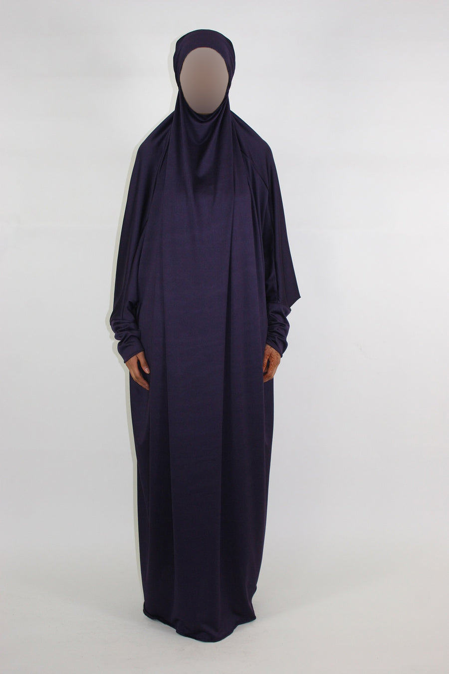 Purple jersey overhead jilbab with tie-back headpiece, side view