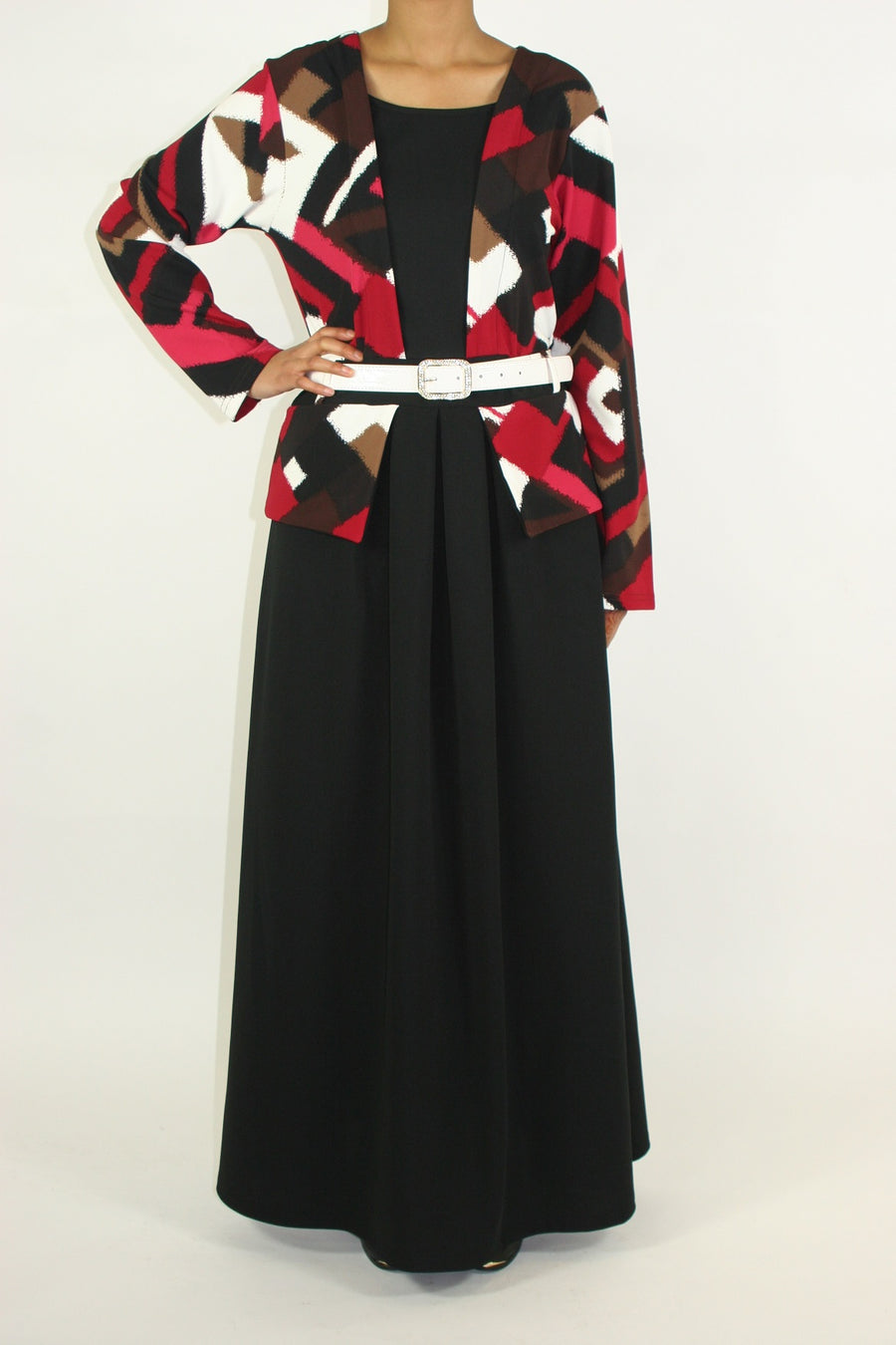 Side view of Amani's jacket-layered maxi dress
