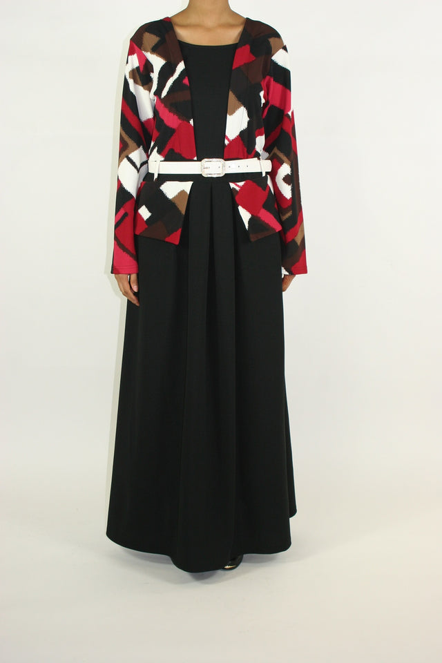Jacket-layered jersey long-sleeve maxi dress, front view