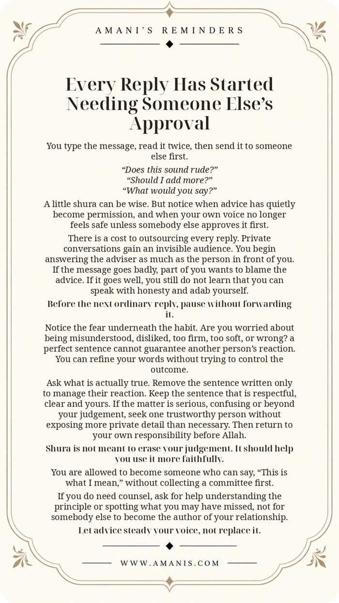 Amani's Reminders Relationships artwork: Every Reply Has Started Needing Someone Else’s Approval.