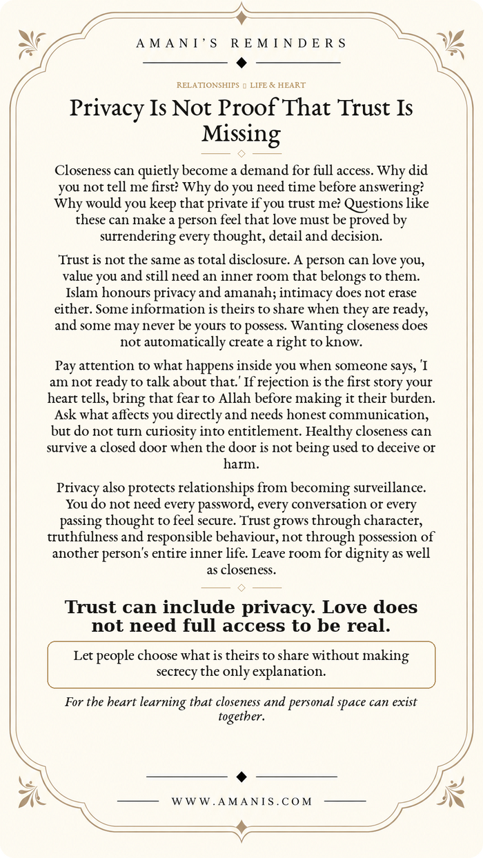 Amani’s Reminders Relationships artwork: Privacy Is Not Proof That Trust Is Missing
