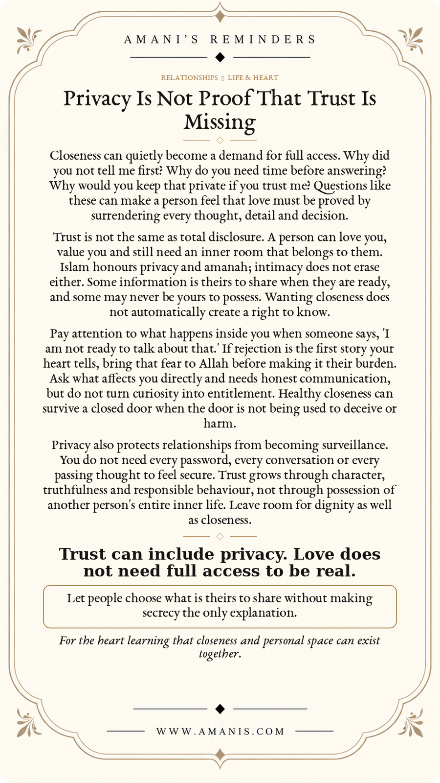Amani’s Reminders Relationships artwork: Privacy Is Not Proof That Trust Is Missing