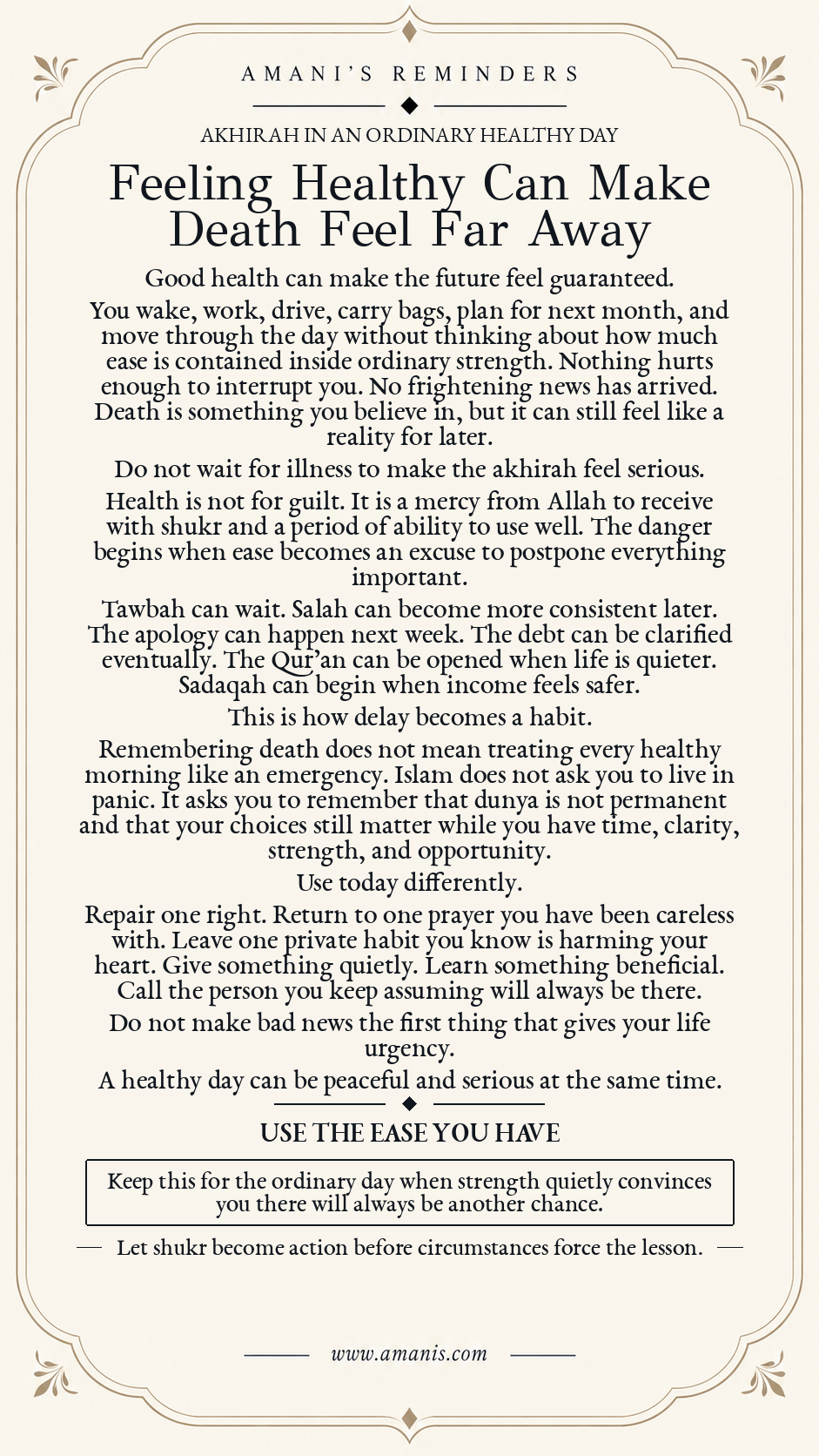 Amani’s Reminders artwork about good health, gratitude, death, the akhirah and using present strength well before Allah.
