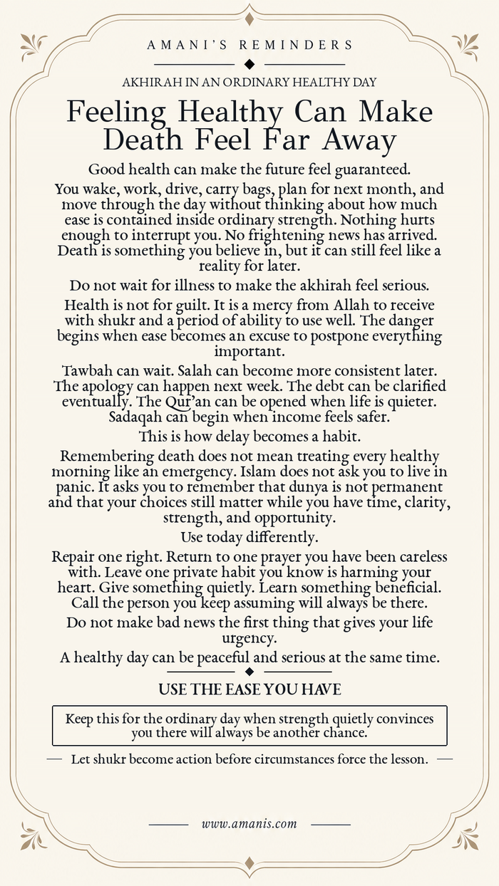 Amani’s Reminders artwork about good health, gratitude, death, the akhirah and using present strength well before Allah.