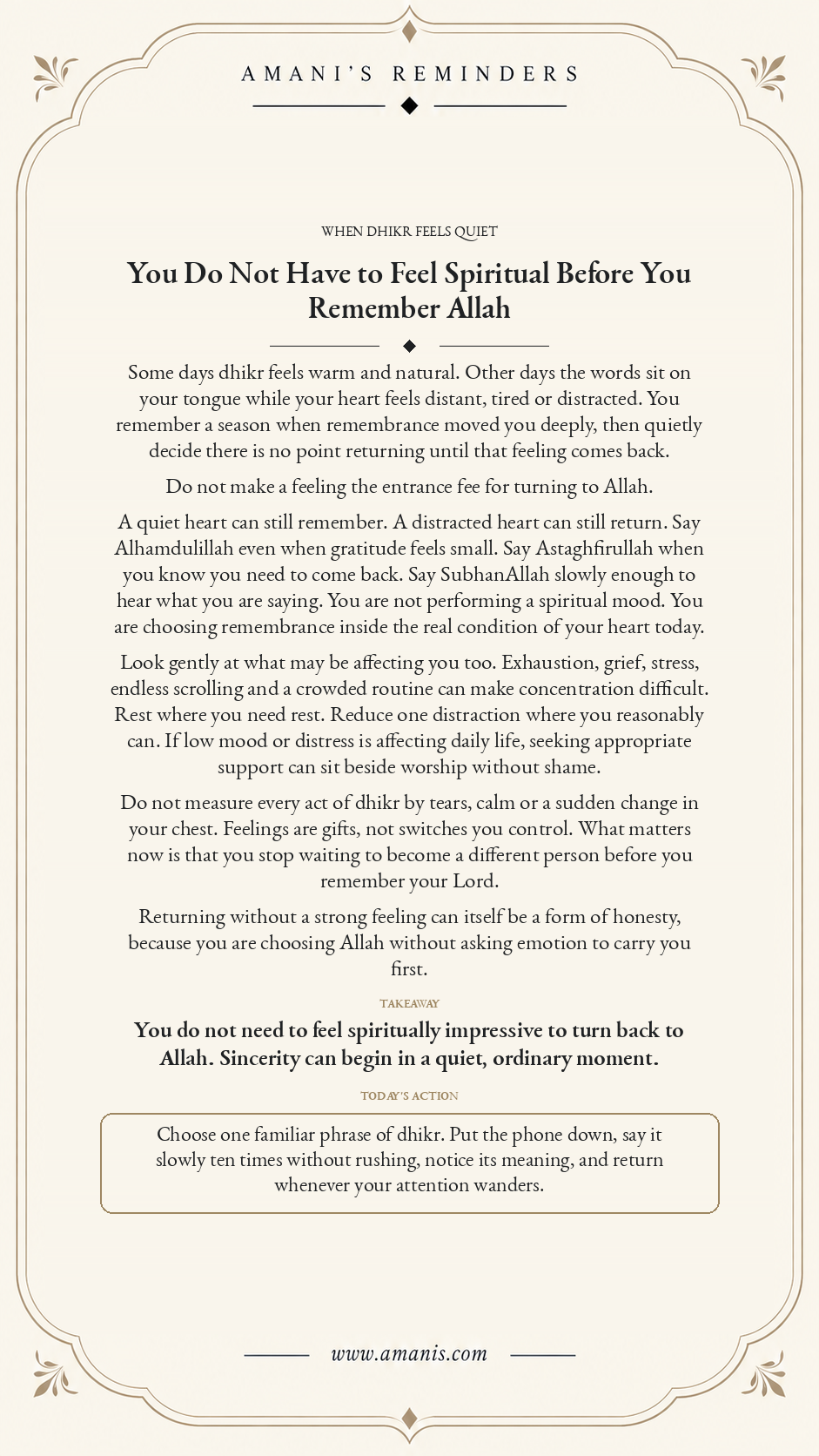 Amani’s Reminders Islamic reflection on remembering Allah when dhikr feels quiet, distracted or emotionally flat.