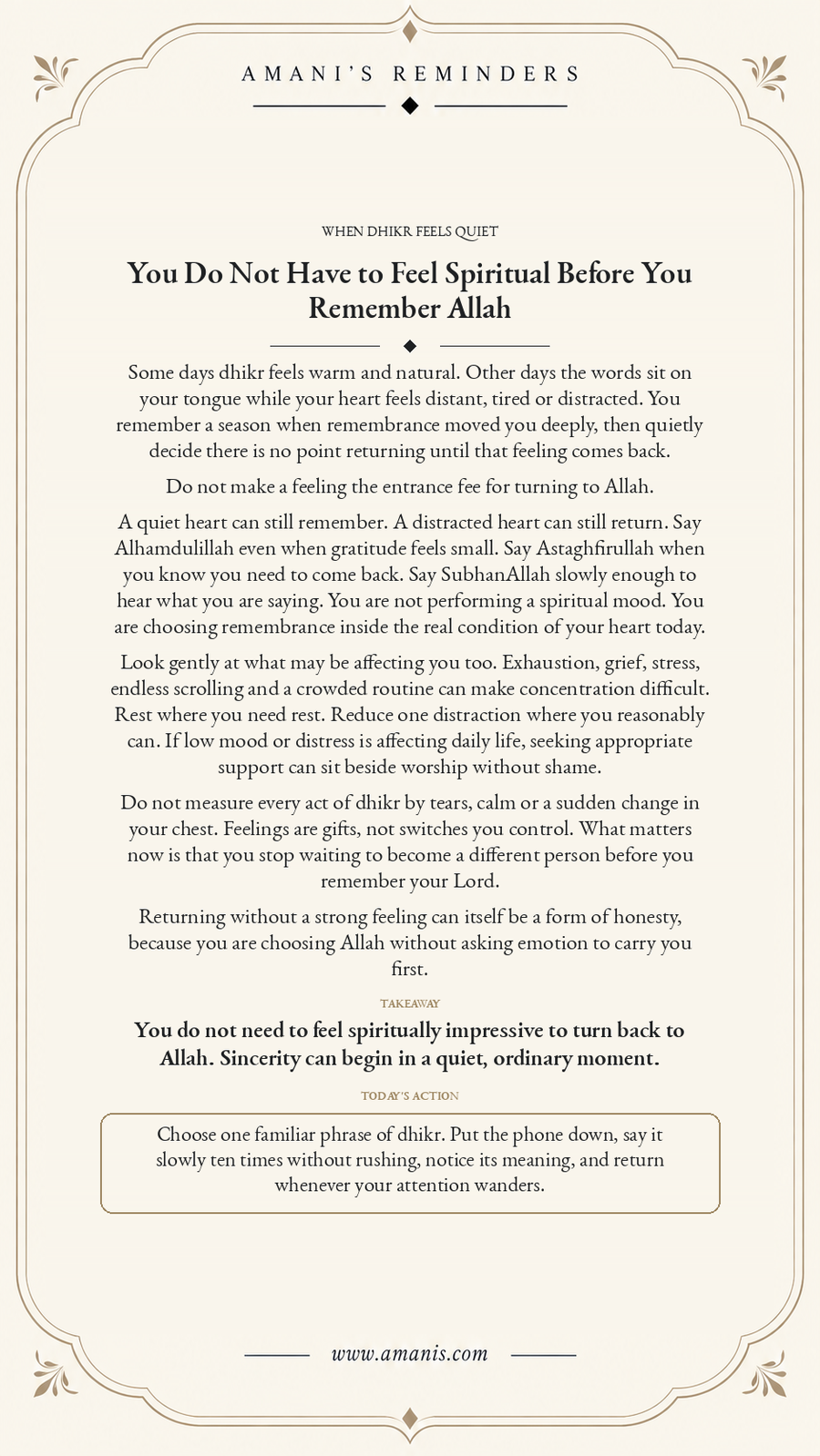 Amani’s Reminders Islamic reflection on remembering Allah when dhikr feels quiet, distracted or emotionally flat.