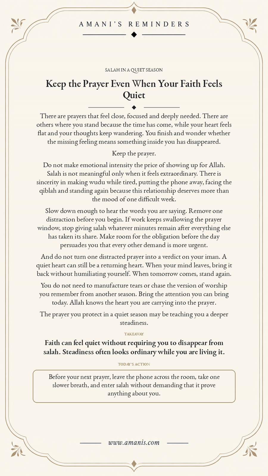 Amani’s Reminders Islamic salah reflection about continuing prayer with sincerity when faith feels quiet and concentration is difficult.