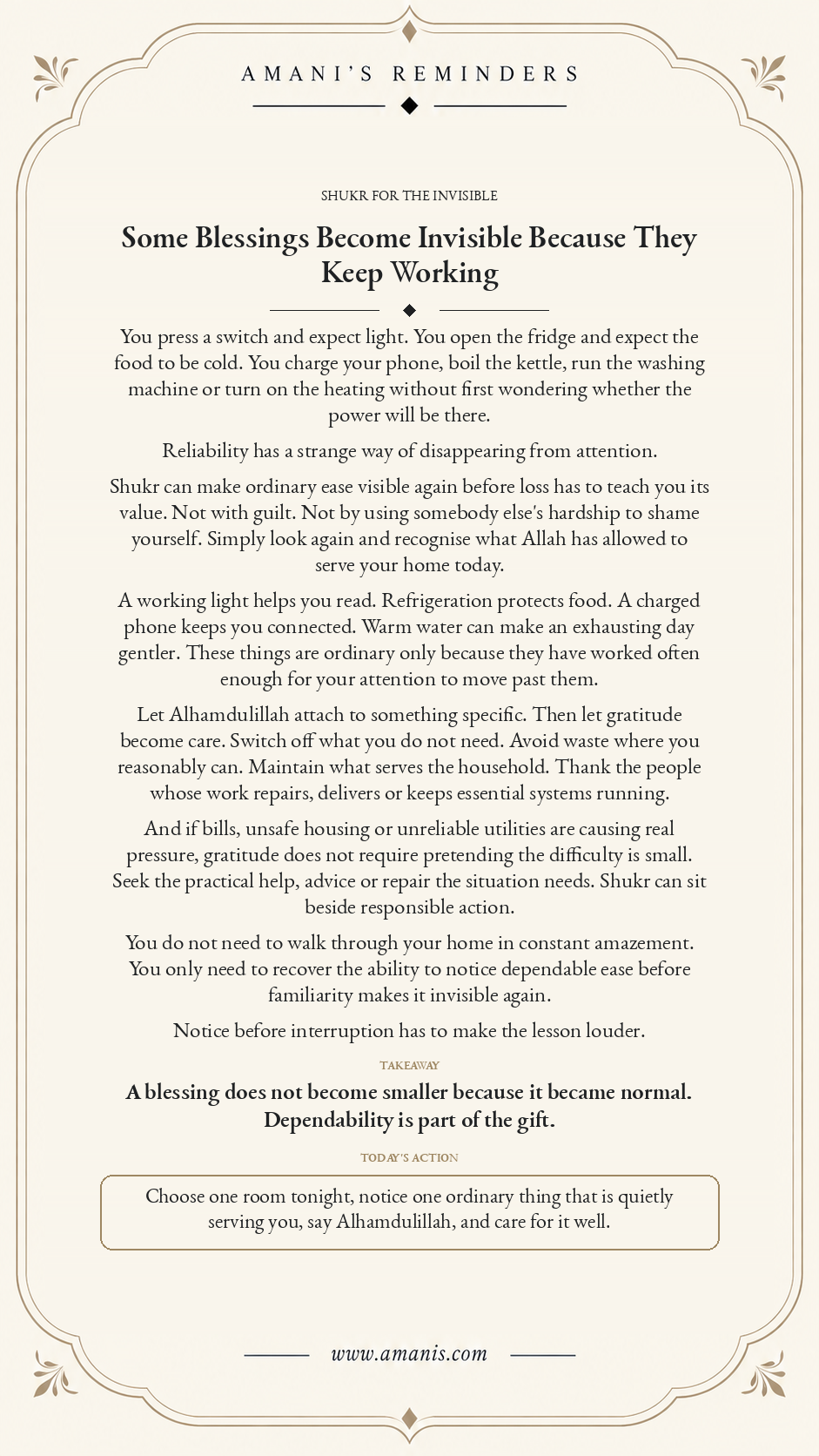 Amani’s Reminders Islamic shukr reflection about noticing reliable electricity, warm water and everyday home comforts before familiarity hides their value.