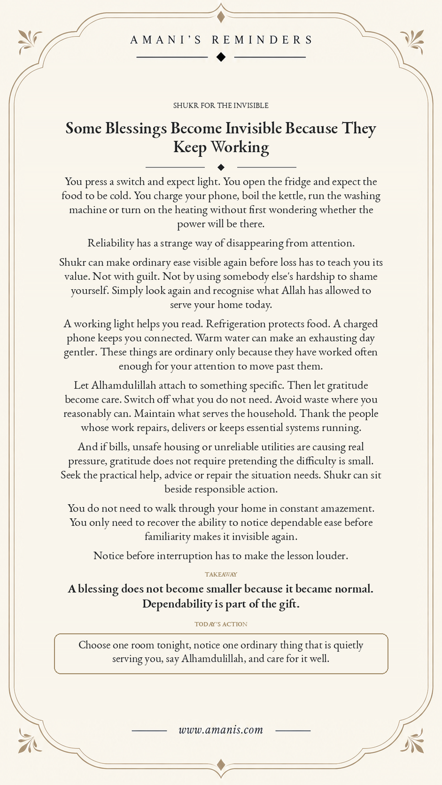 Amani’s Reminders Islamic shukr reflection about noticing reliable electricity, warm water and everyday home comforts before familiarity hides their value.