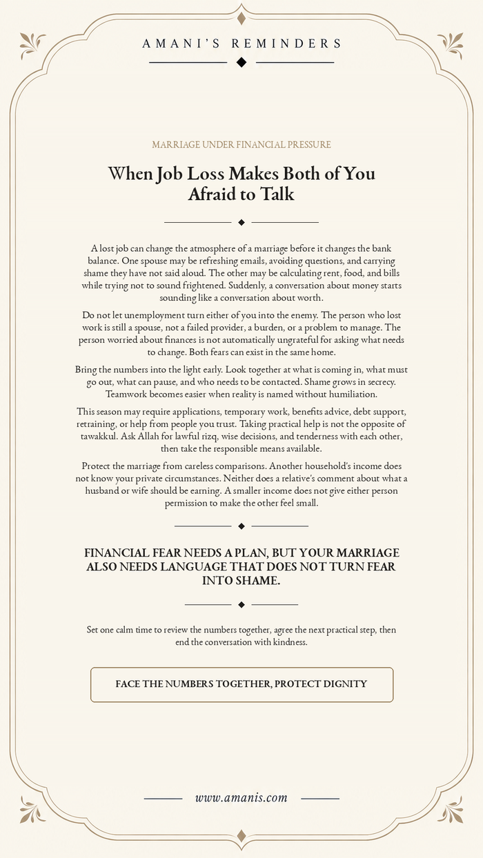 Amani’s Reminders artwork for a married couple facing job loss, financial fear and difficult conversations.