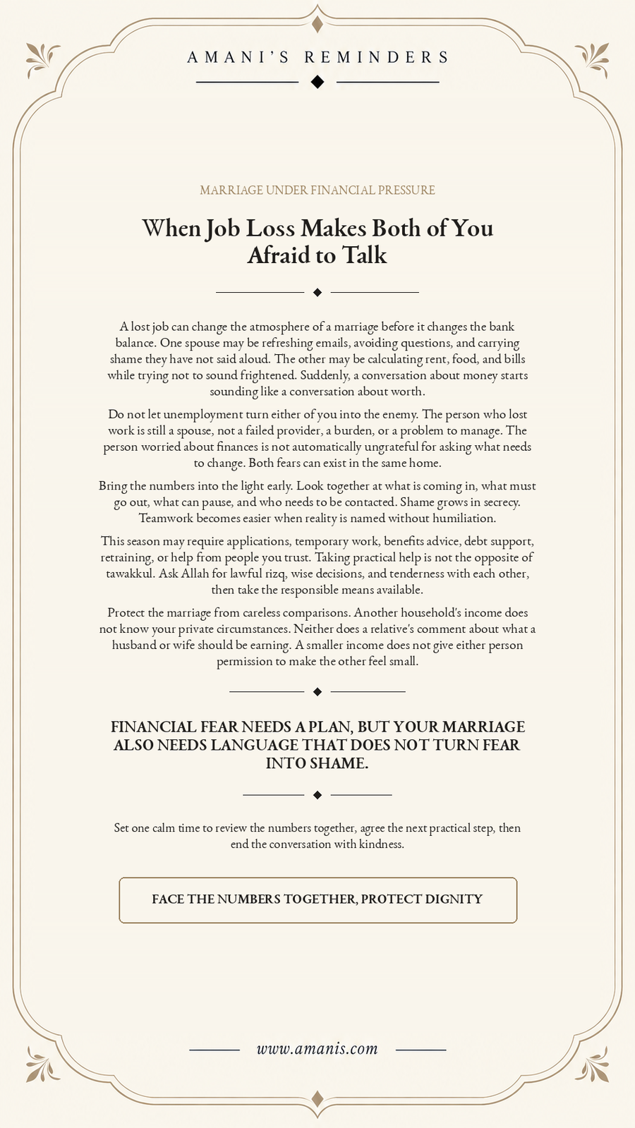 Amani’s Reminders artwork for a married couple facing job loss, financial fear and difficult conversations.