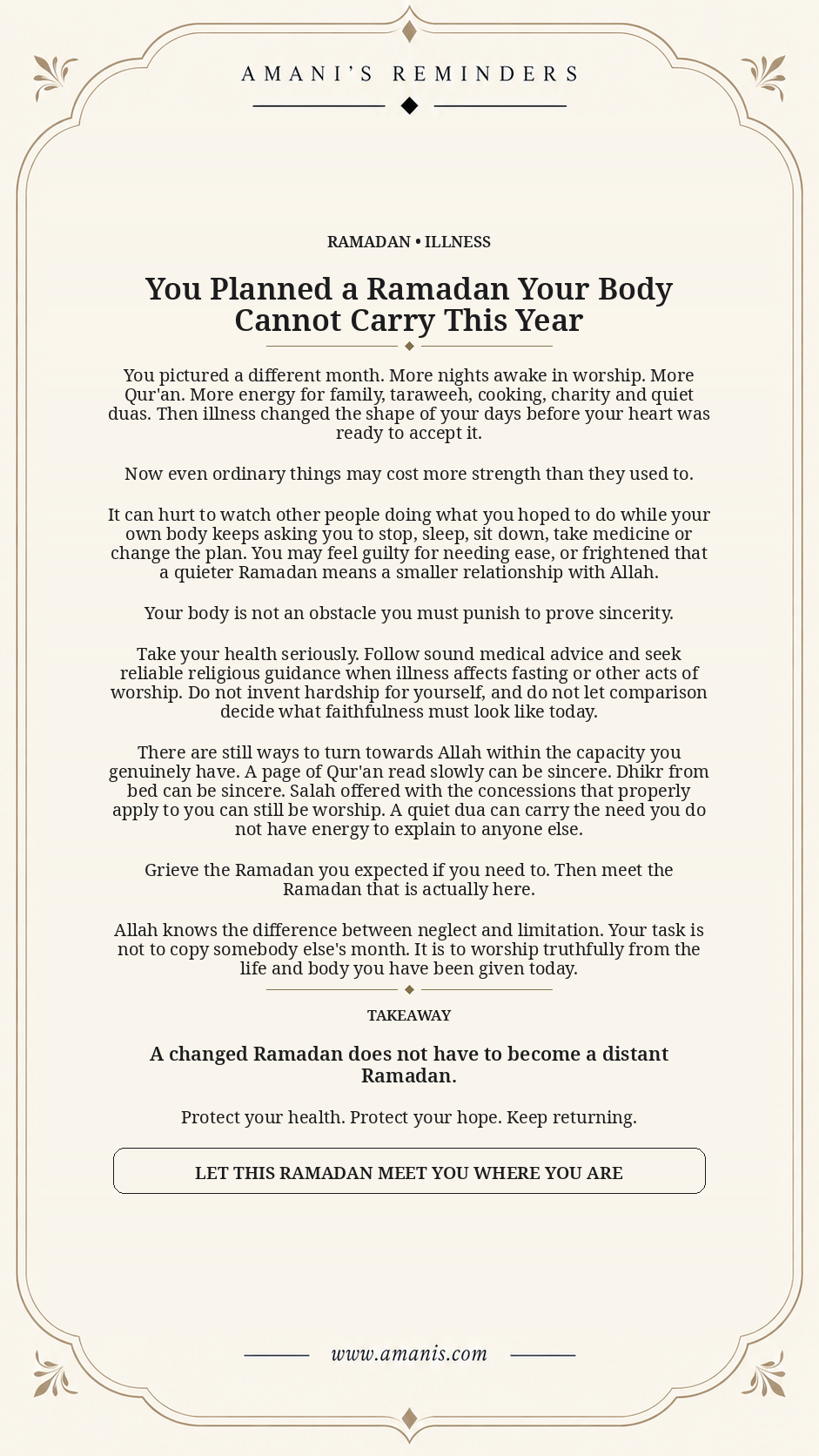 Cream Amani's Reminders poster about illness changing the shape of Ramadan worship and staying close to Allah.
