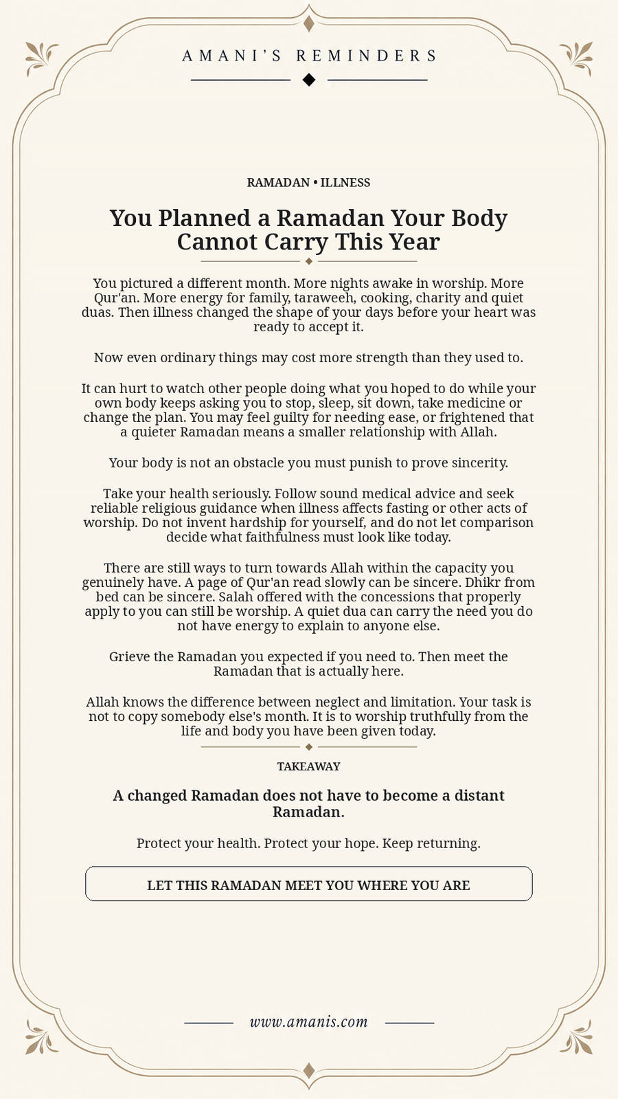Cream Amani's Reminders poster about illness changing the shape of Ramadan worship and staying close to Allah.