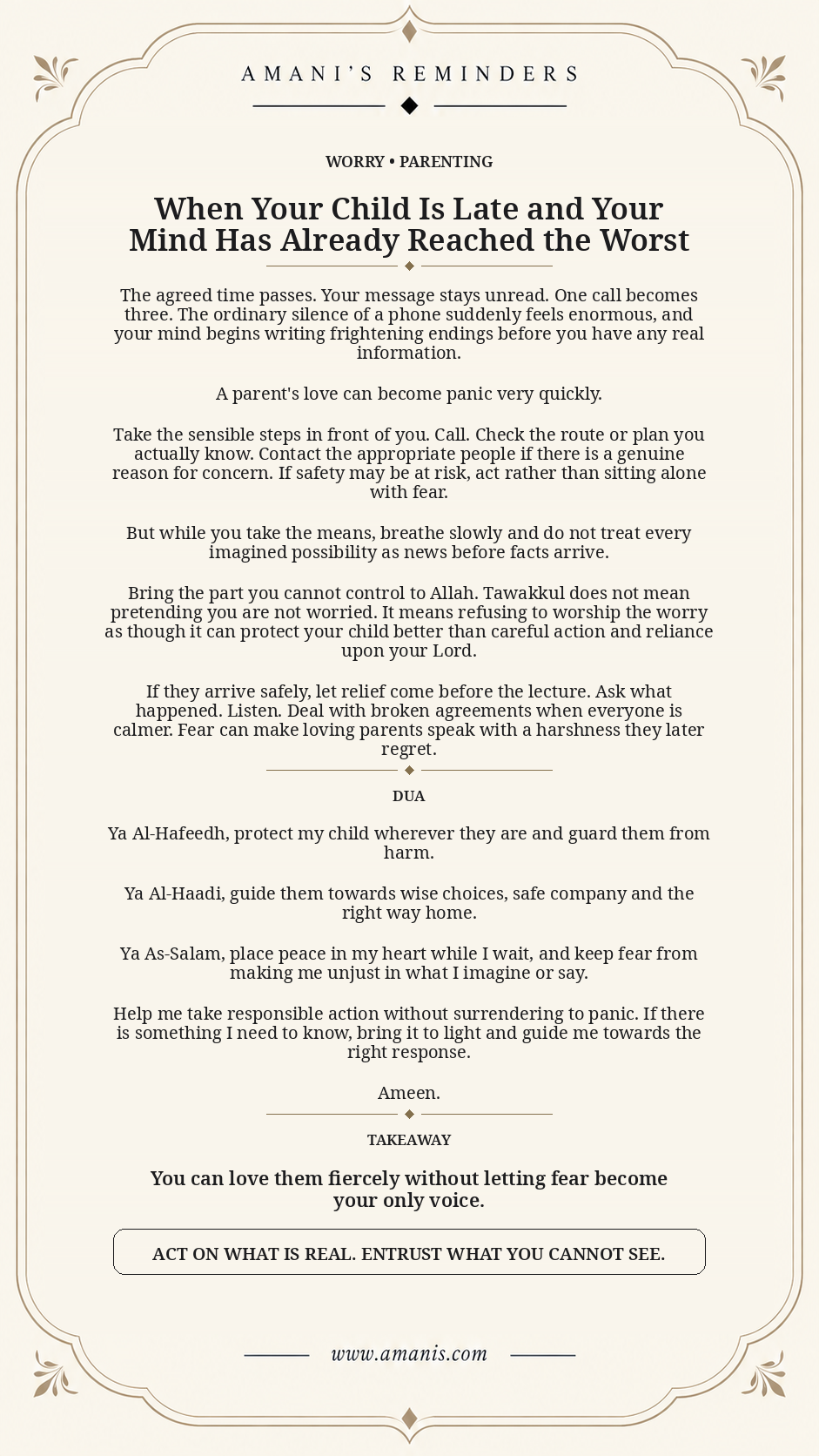 Cream Amani's Reminders dua poster for a parent whose child is late and not answering the phone.