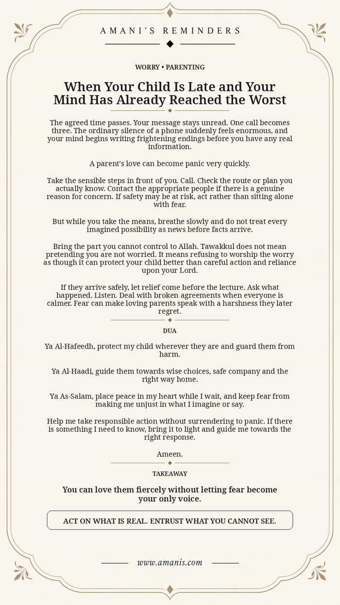 Cream Amani's Reminders dua poster for a parent whose child is late and not answering the phone.