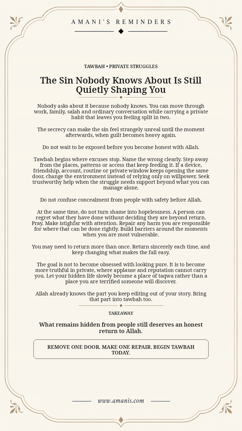 Cream Amani's Reminders poster about a private sin, honest tawbah and changing the conditions that keep feeding it.