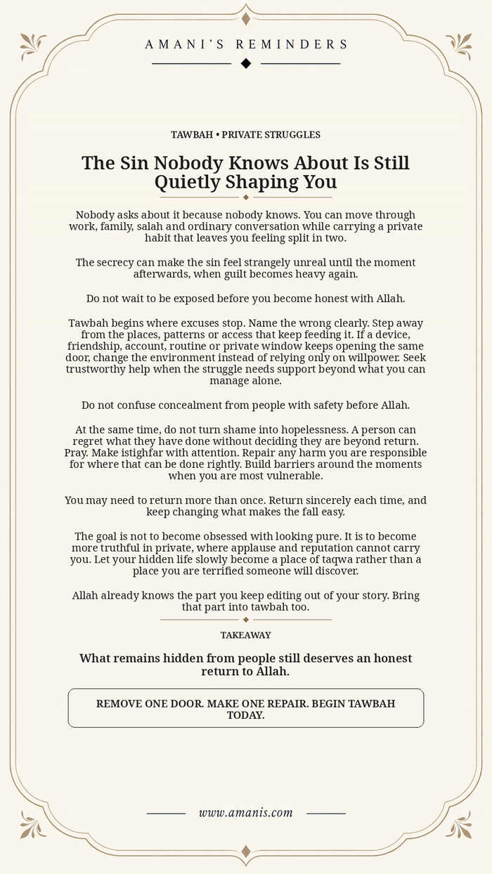 Cream Amani's Reminders poster about a private sin, honest tawbah and changing the conditions that keep feeding it.
