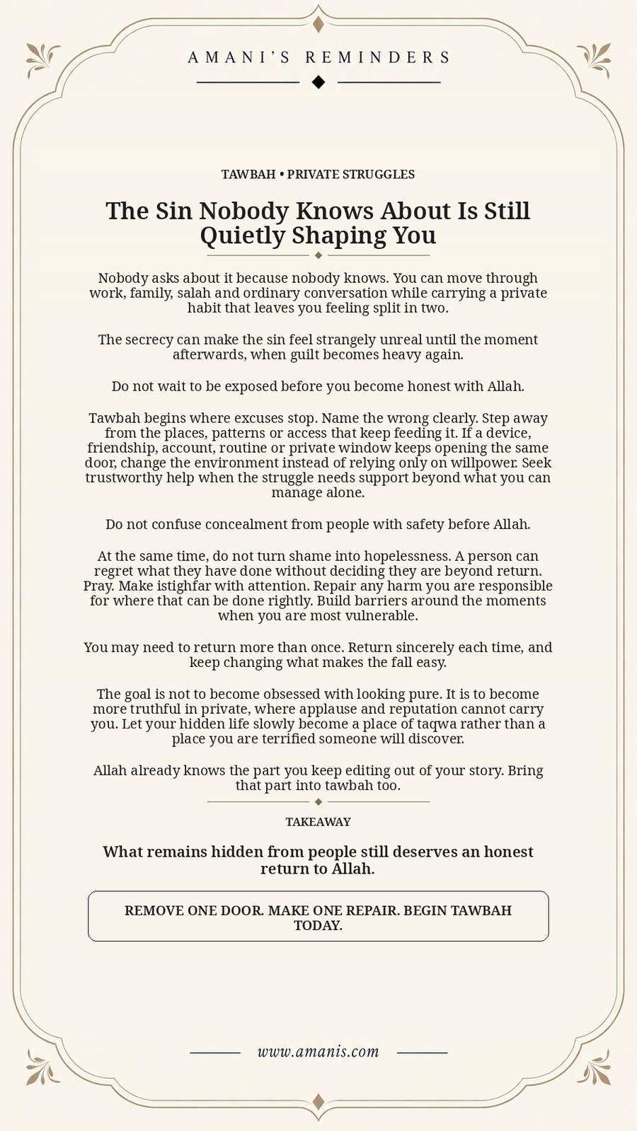 Cream Amani's Reminders poster about a private sin, honest tawbah and changing the conditions that keep feeding it.