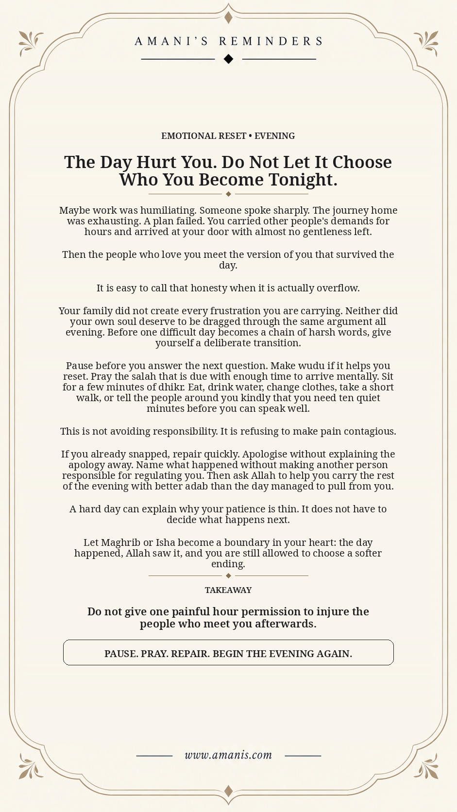 Cream Amani's Reminders poster about resetting after a painful day instead of carrying hurt into the evening.