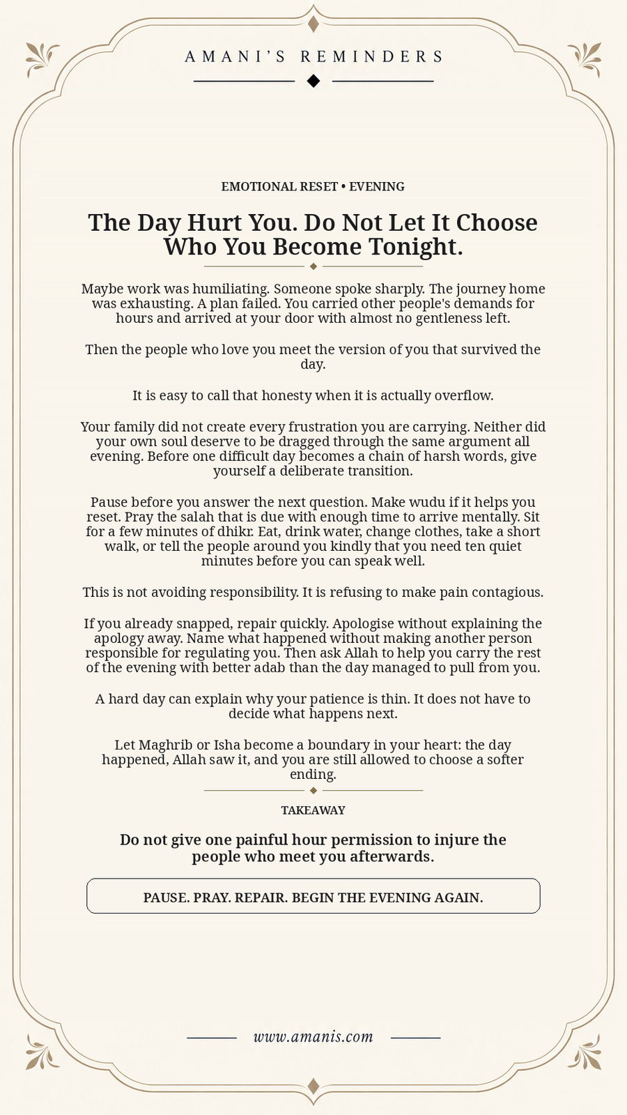 Cream Amani's Reminders poster about resetting after a painful day instead of carrying hurt into the evening.