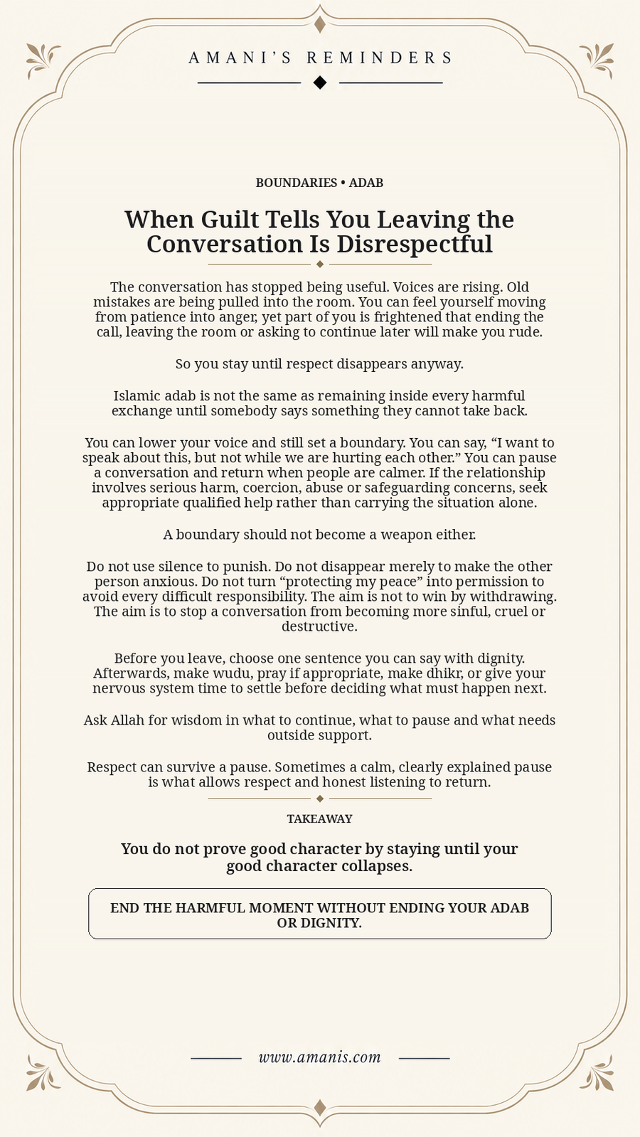 Cream Amani's Reminders poster about ending a harmful conversation while keeping adab and respect.