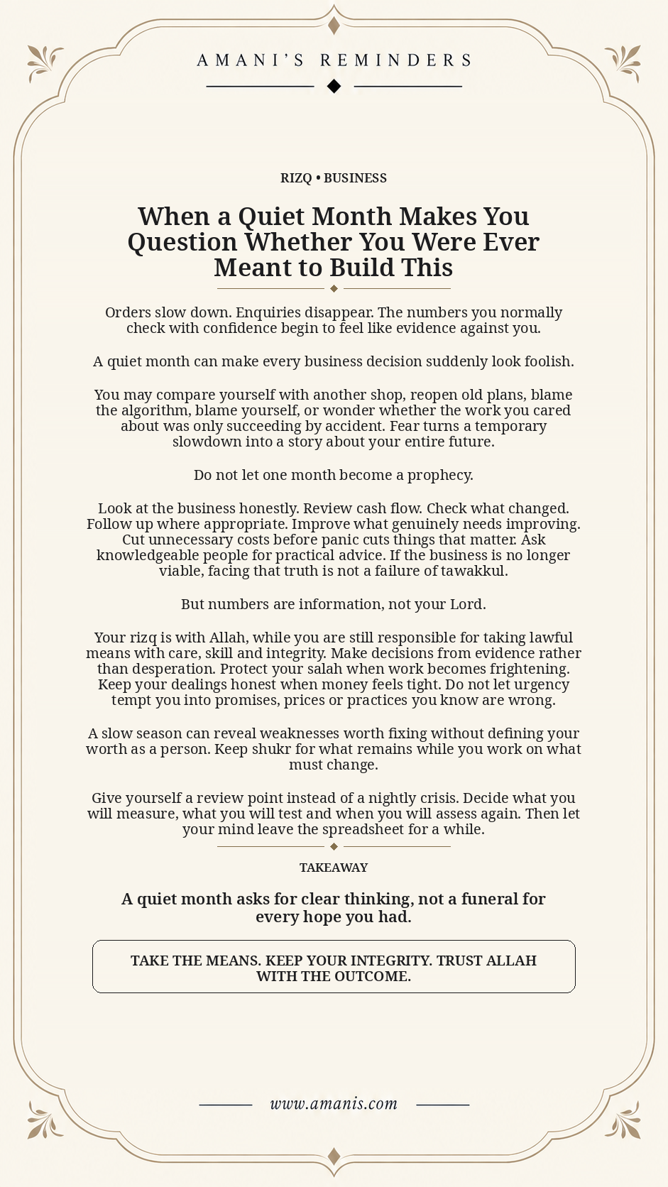 Cream Amani's Reminders poster for a business owner facing a quiet month and questioning their rizq and direction.