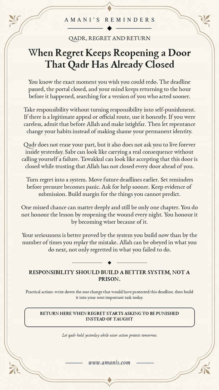 Amani's Reminders cream poster about regret after a missed deadline, qadr, responsibility, istighfar, sabr and tawakkul.