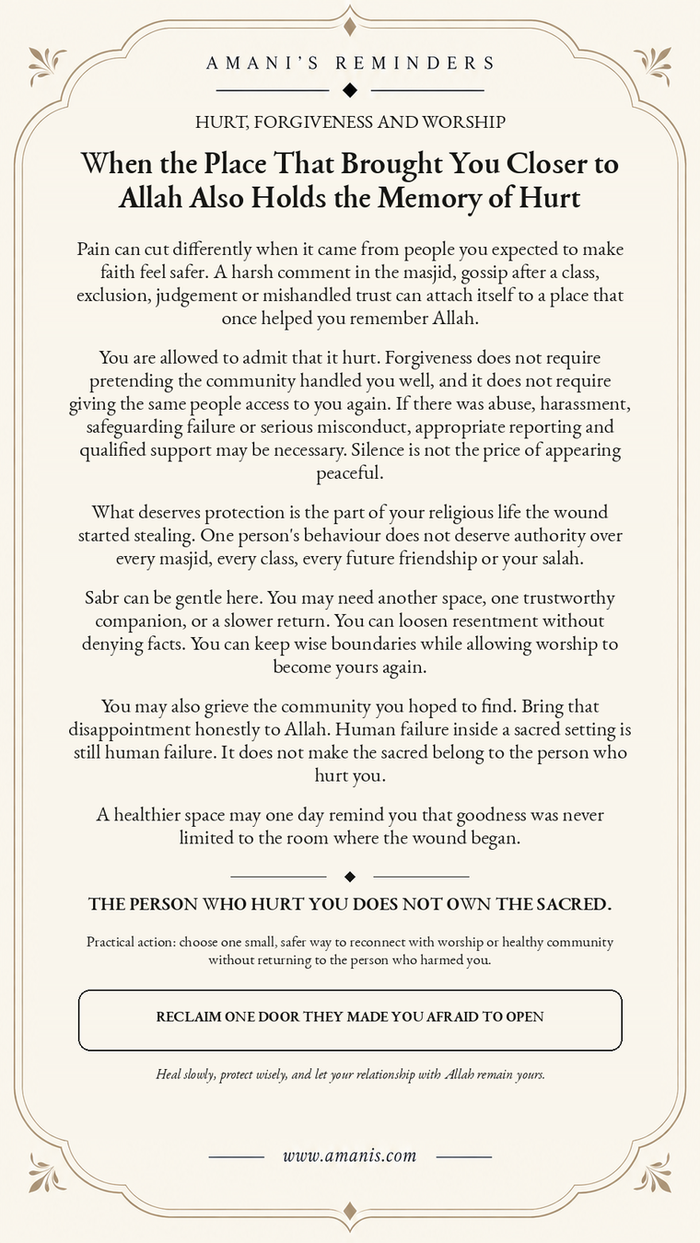 Amani's Reminders cream poster about healing from hurt in a masjid or religious community while protecting worship and wise boundaries.
