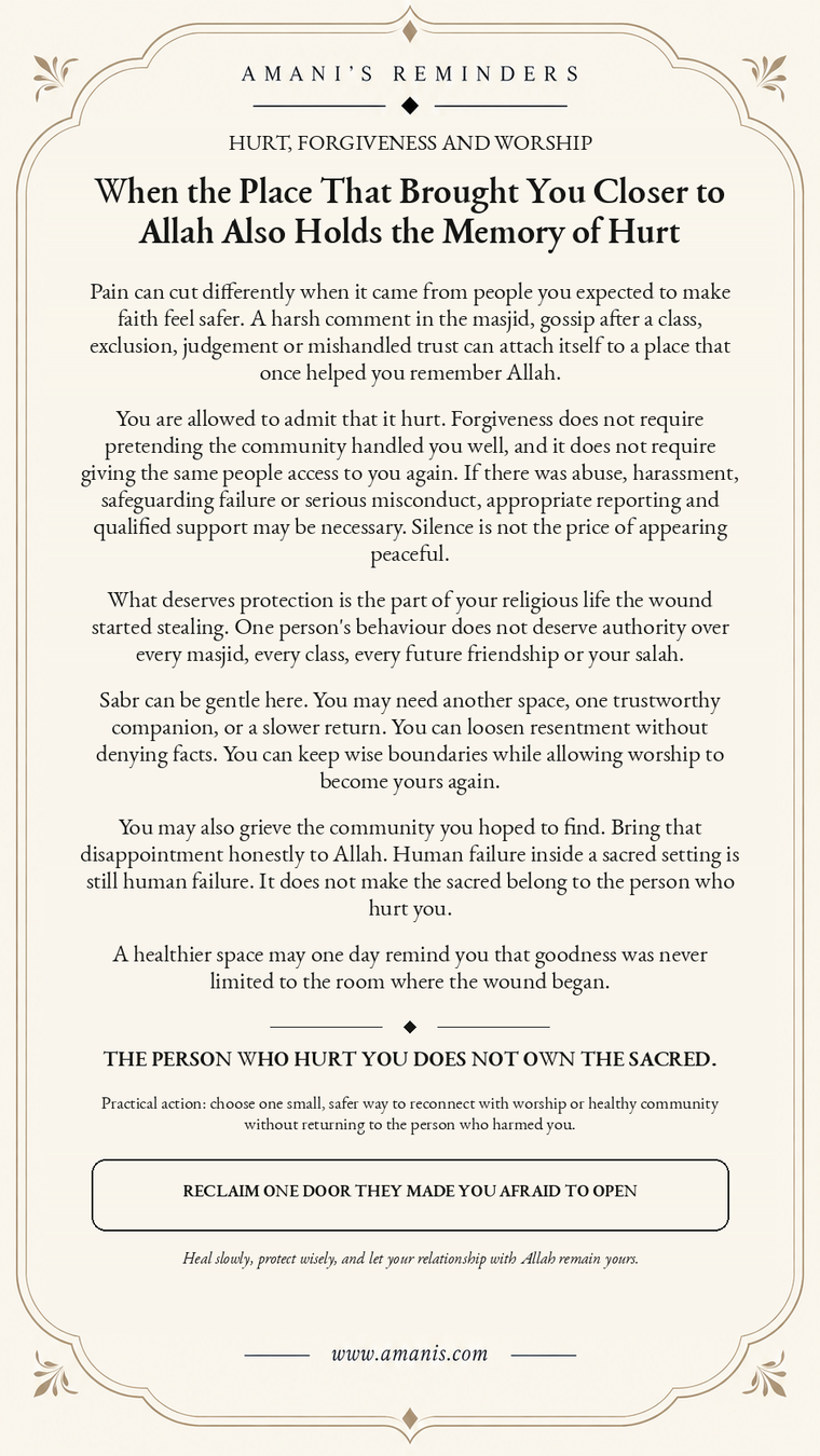 Amani's Reminders cream poster about healing from hurt in a masjid or religious community while protecting worship and wise boundaries.