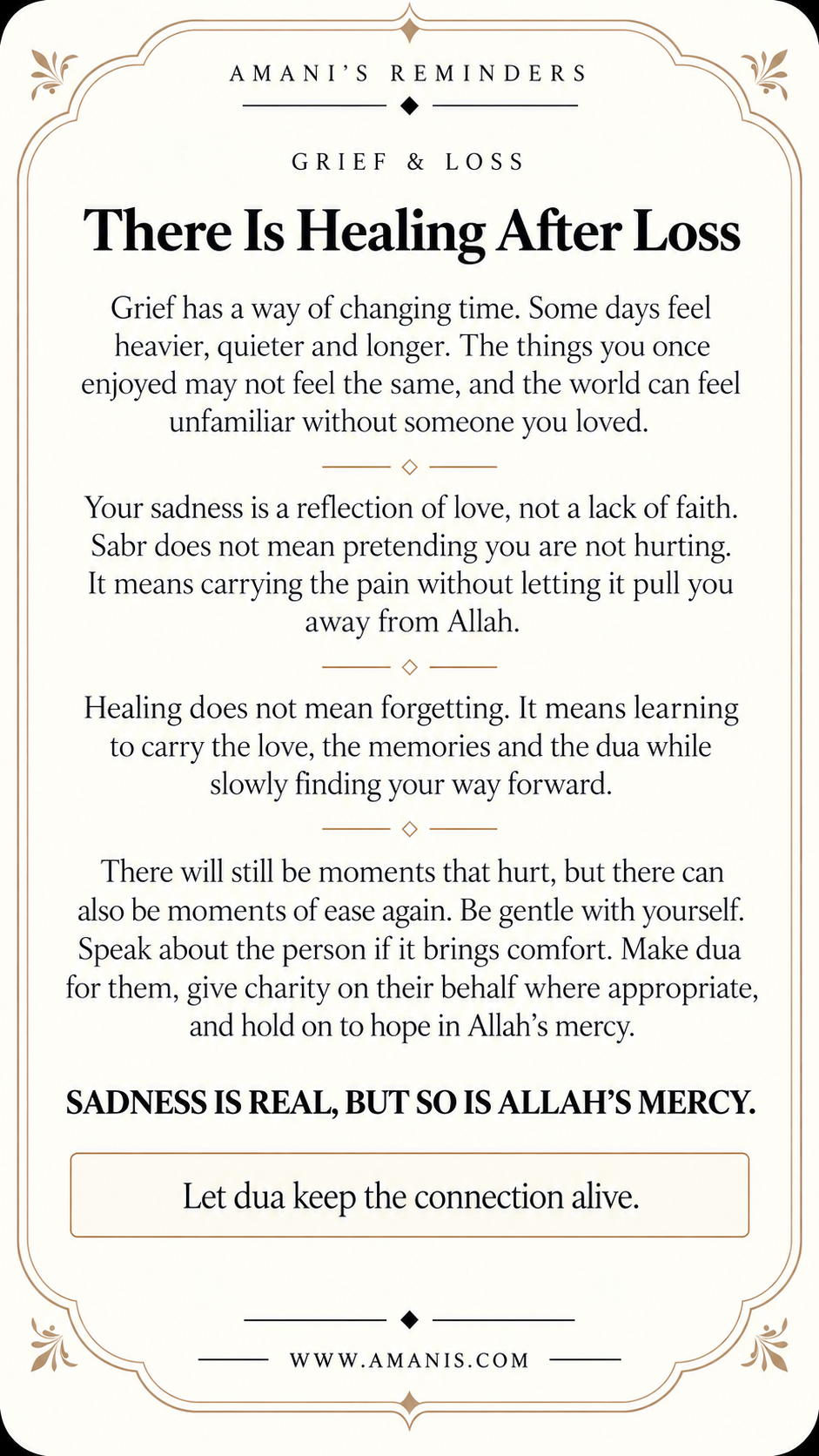 Amani’s Reminders artwork about grief, missing someone and healing after loss with hope in Allah.