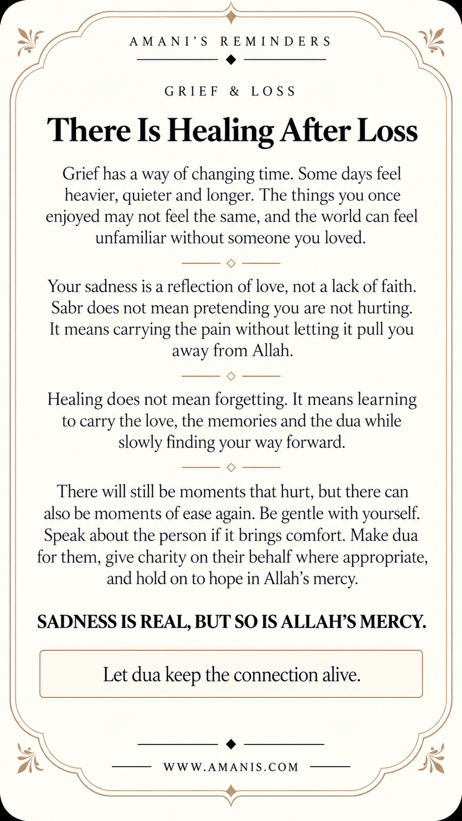 Amani’s Reminders artwork about grief, missing someone and healing after loss with hope in Allah.