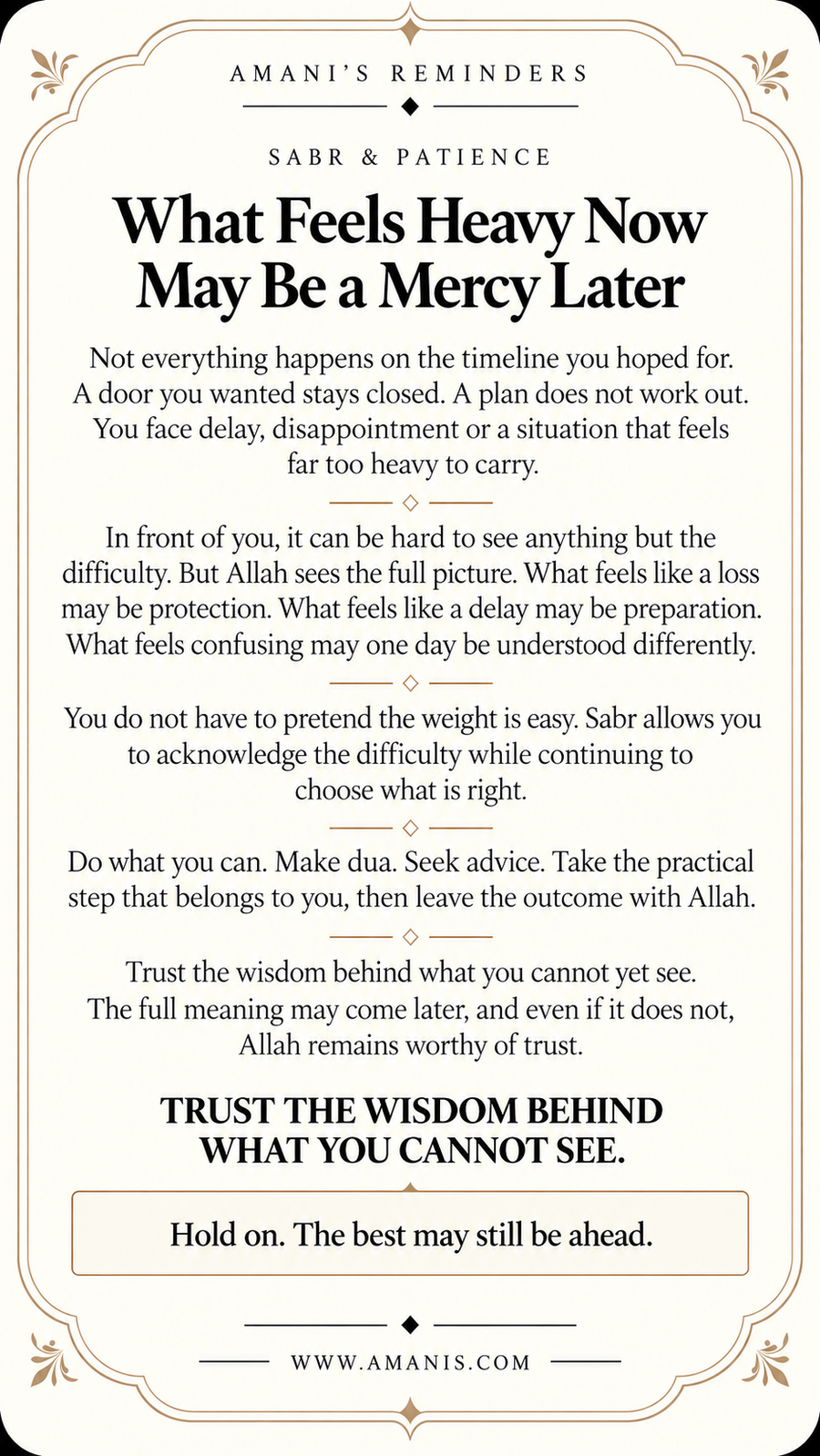 Amani’s Reminders artwork about sabr, qadr and trusting Allah when a difficult season feels heavy.