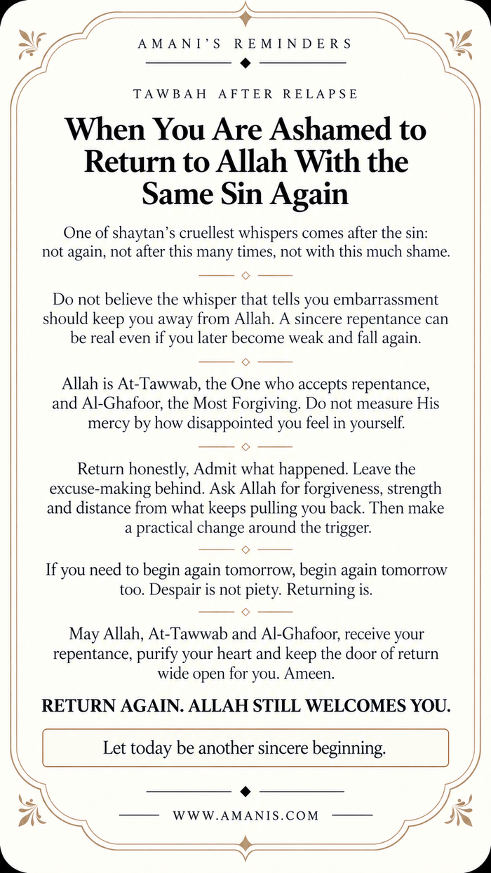 Amani’s Reminders artwork about returning to Allah after repeating the same sin and refusing despair.