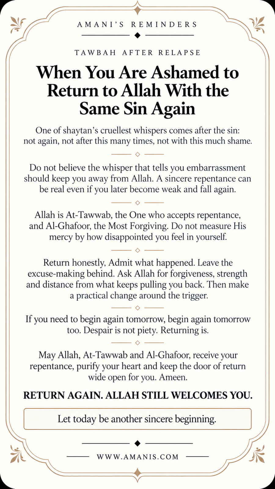 Amani’s Reminders artwork about returning to Allah after repeating the same sin and refusing despair.