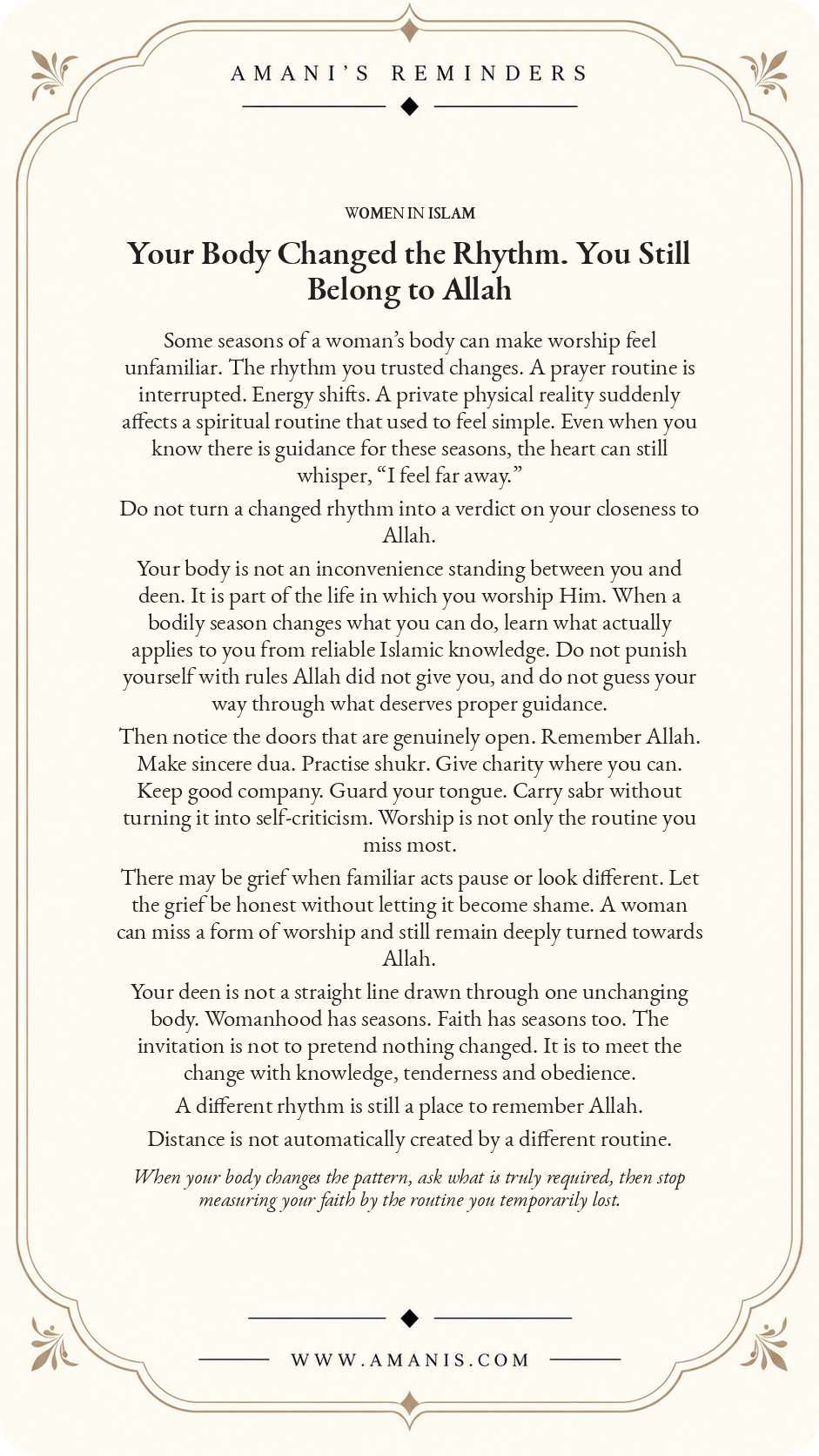Amani's Reminders artwork: Your Body Changed the Rhythm. You Still Belong to Allah.