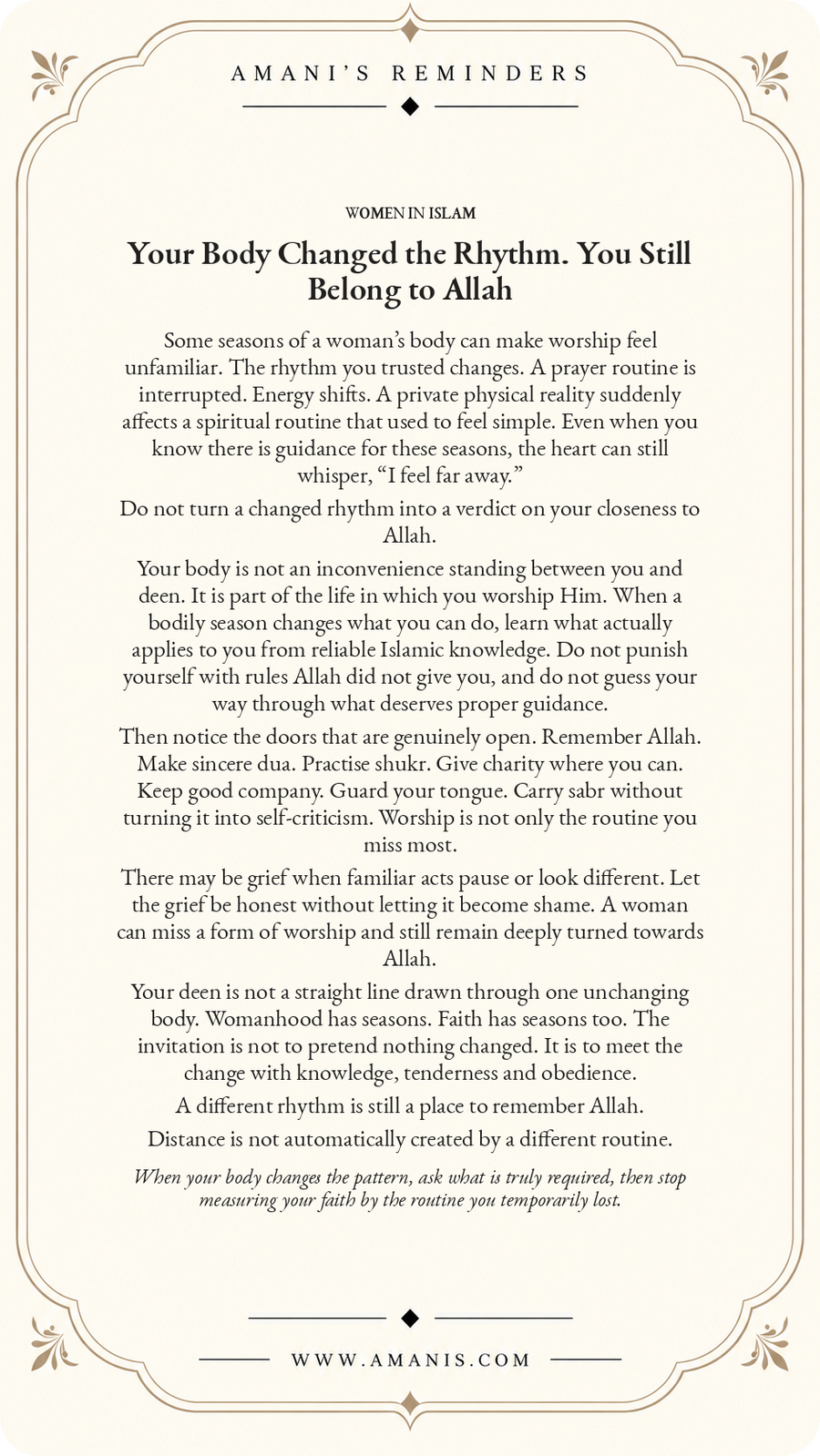 Amani's Reminders artwork: Your Body Changed the Rhythm. You Still Belong to Allah.