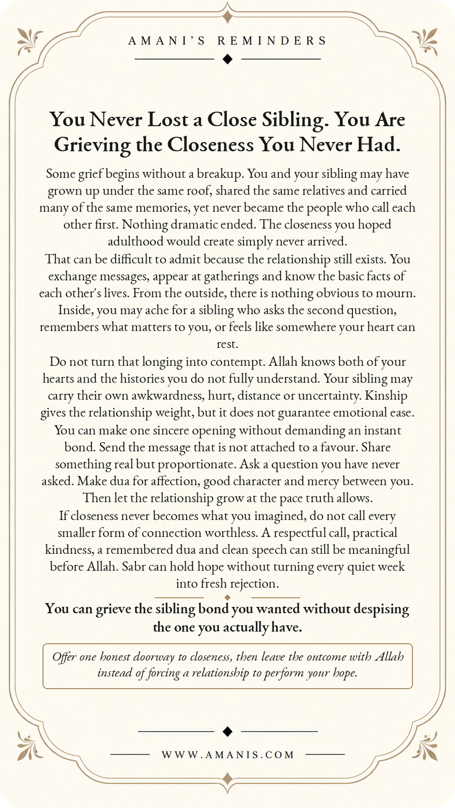 Amani’s Reminders Family: You Never Lost a Close Sibling. You Are Grieving the Closeness You Never Had.