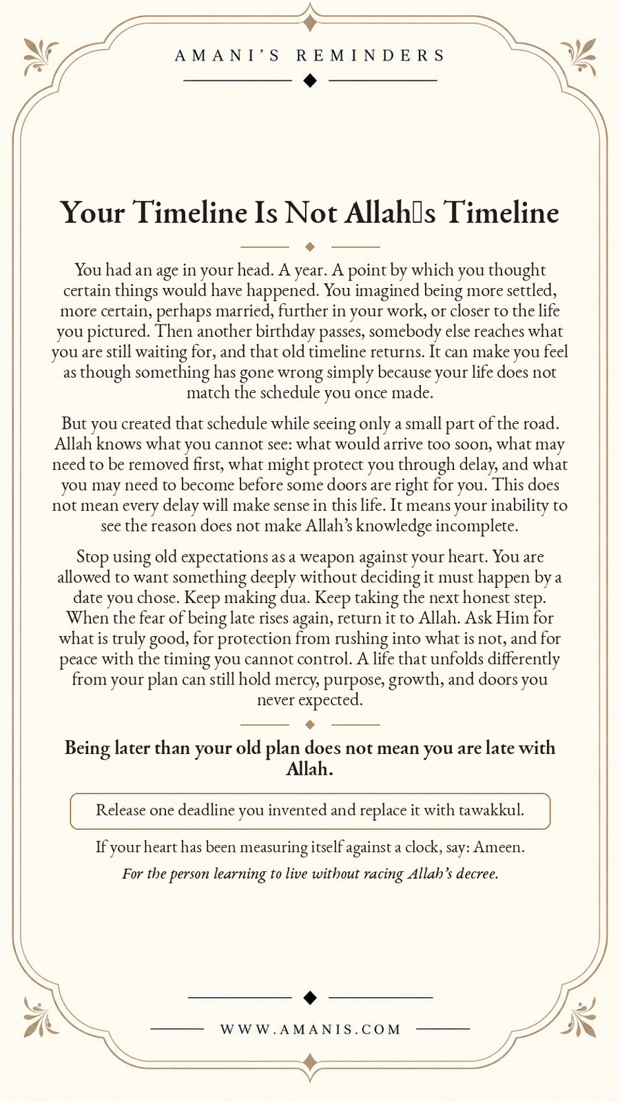 Amani’s Reminders artwork about releasing personal timelines and trusting Allah with qadr, timing and unseen wisdom.